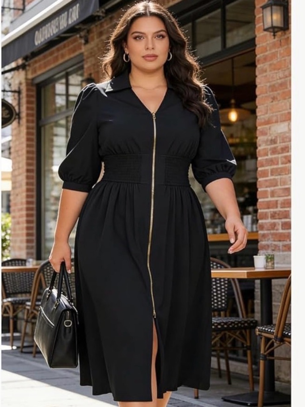 Grace Karin Black Midi Dress with Gold Zip